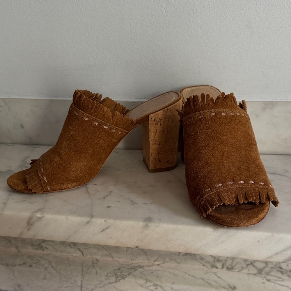Tory Burch Chestnut Suede Fringe Cork Block Heel Mules